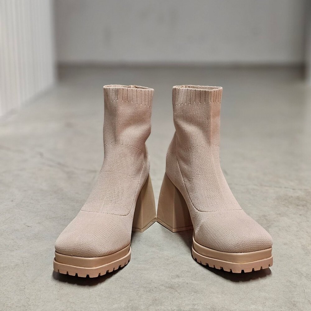 Chunky Heel Ankle Boots With Sock Knit Upper & Lug Sole In Nude - Picture 5 of 7